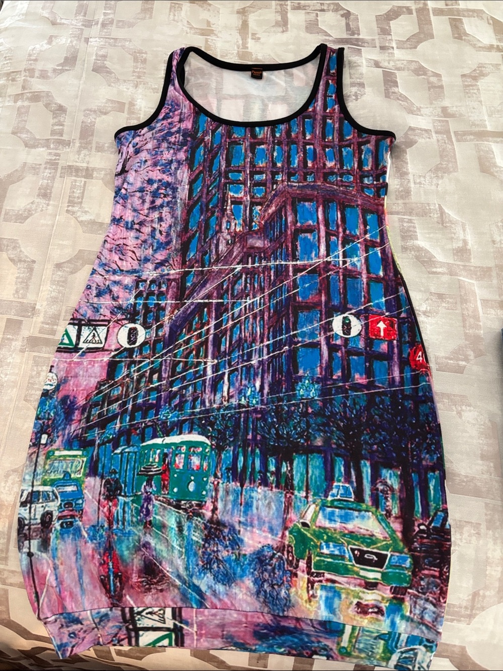 Papaya Pink & Blue Cityscape Tank Dress